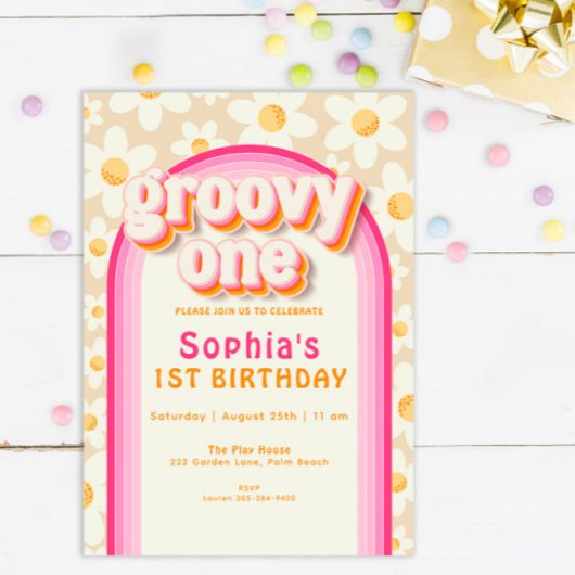Groovy One Boho Daisy Rainbow 1e verjaardag Uitnod Kaart