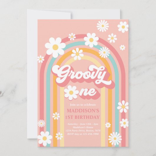 Groovy One Boho Daisy Rainbow 1st Birthday Party Kaart (Voorkant)