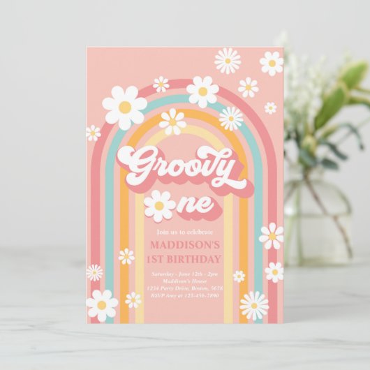 Groovy One Boho Daisy Rainbow 1st Birthday Party Kaart (Staand voorkant)