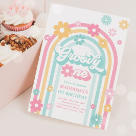 Groovy One Boho Daisy Rainbow 1st Birthday Party Kaart