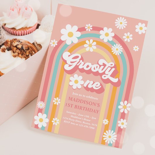 Groovy One Boho Daisy Rainbow 1st Birthday Party Kaart