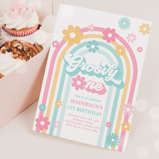 Groovy One Boho Daisy Rainbow 1st Birthday Party Kaart