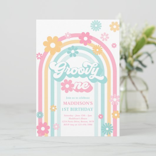 Groovy One Boho Daisy Rainbow 1st Birthday Party Kaart (Staand voorkant)