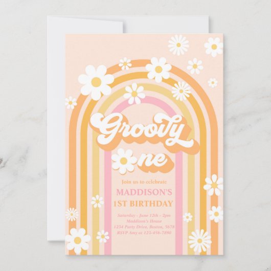 Groovy One Boho Daisy Rainbow 1st Birthday Party Kaart (Voorkant)