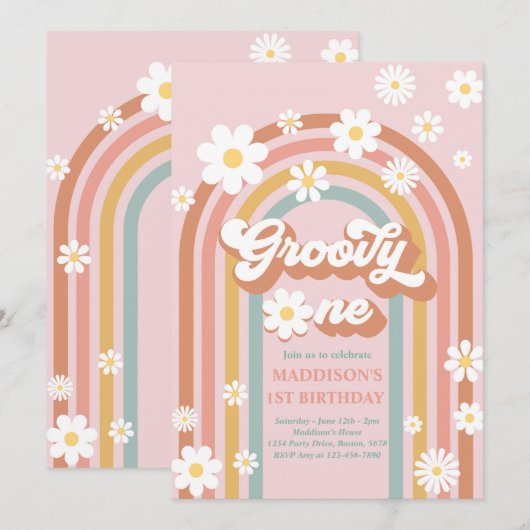 Groovy One Boho Daisy Rainbow 1st Birthday Party Kaart (Voorkant / Achterkant)