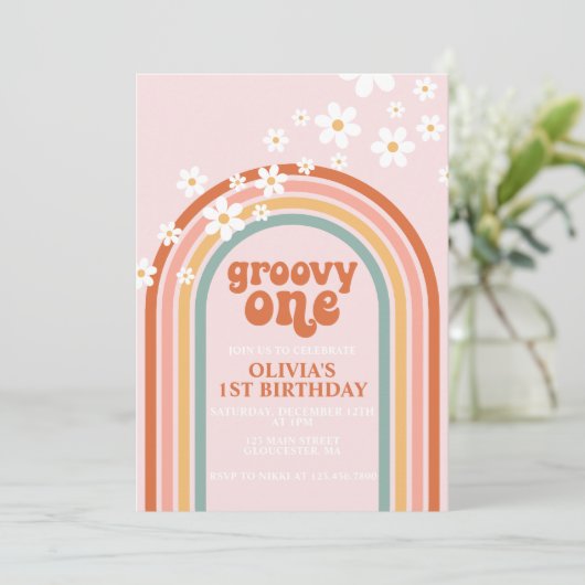Groovy One boho daisy rainbow, eerste verjaardag Kaart (Staand voorkant)