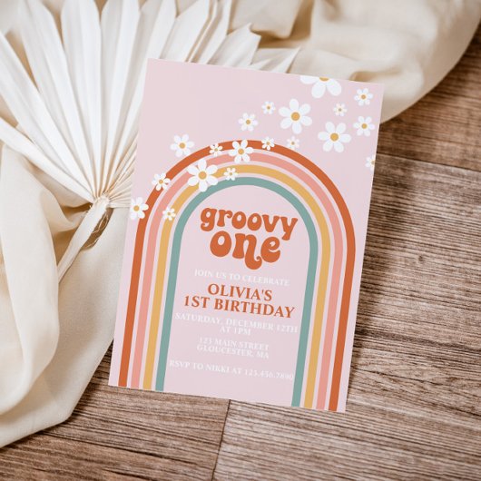 Groovy One boho daisy rainbow, eerste verjaardag Kaart