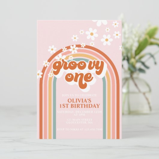 Groovy One boho daisy rainbow, eerste verjaardag Kaart (Staand voorkant)