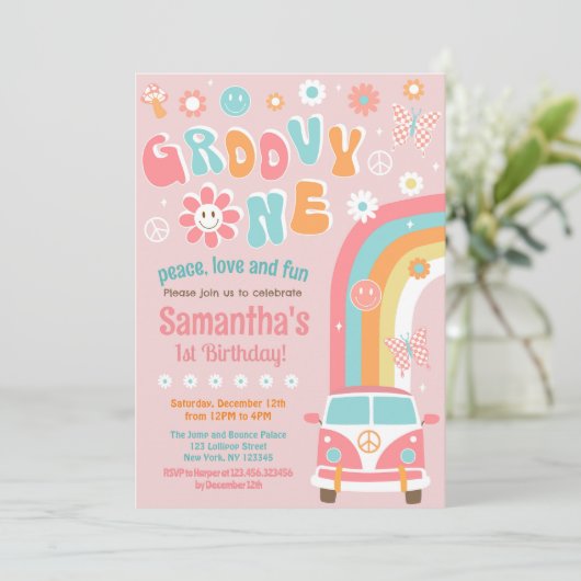 Groovy One Boho Retro 1e verjaardag Uitnodigingen (Staand voorkant)