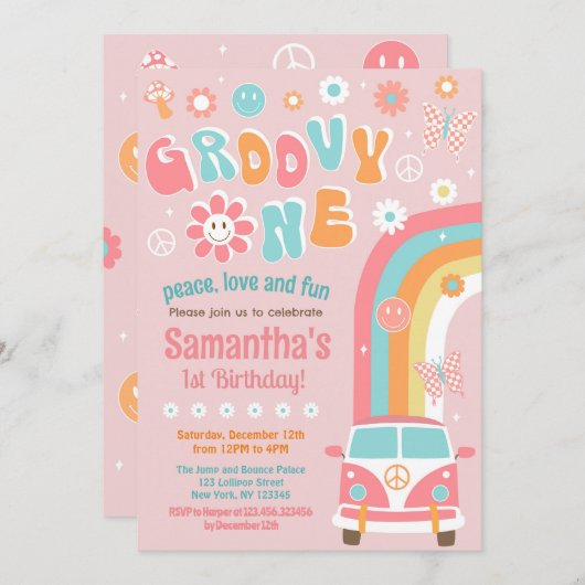 Groovy One Boho Retro 1e verjaardag Uitnodigingen (Voorkant / Achterkant)
