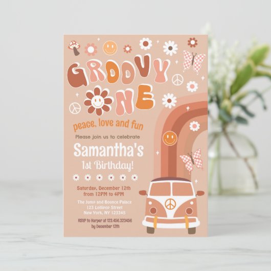 Groovy One Boho Retro 1e verjaardag Uitnodigingen (Staand voorkant)