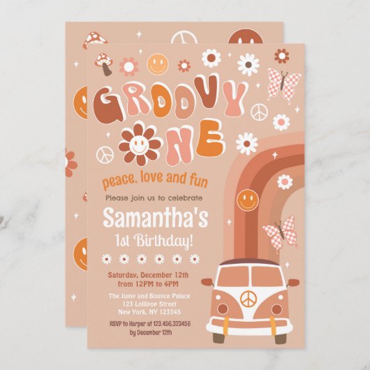 Groovy One Boho Retro 1e verjaardag Uitnodigingen (Voorkant / Achterkant)