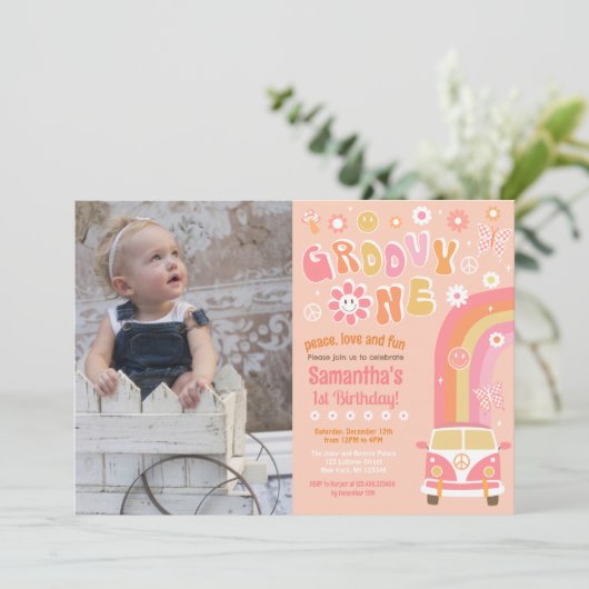Groovy One Boho Retro 1e verjaardag Uitnodigingen (Staand voorkant)