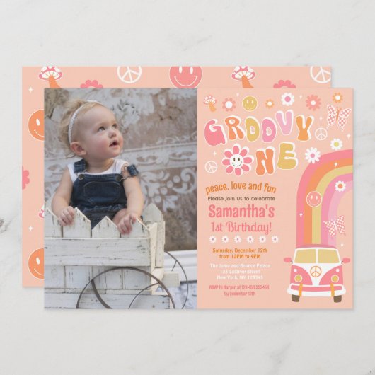 Groovy One Boho Retro 1e verjaardag Uitnodigingen (Voorkant / Achterkant)