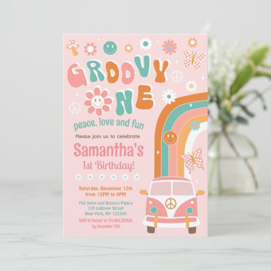 Groovy One Boho Retro 1e verjaardagsuitnodigingen Kaart (Staand voorkant)