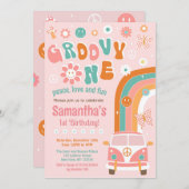 Groovy One Boho Retro 1e verjaardagsuitnodigingen Kaart (Voorkant / Achterkant)