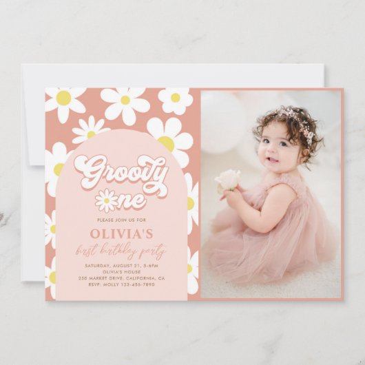 Groovy One Boho Retro Daisy 1e verjaardag foto Kaart (Voorkant)