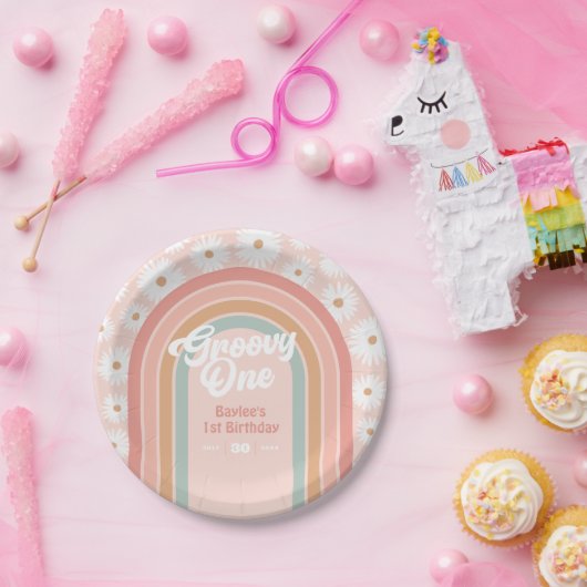 Groovy One Boho Retro Daisy 1e verjaardag Papieren Bordje (Feest)