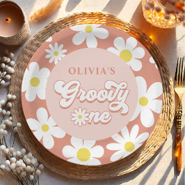 Groovy One Boho Retro Daisy 1e verjaardag Papieren Bordje
