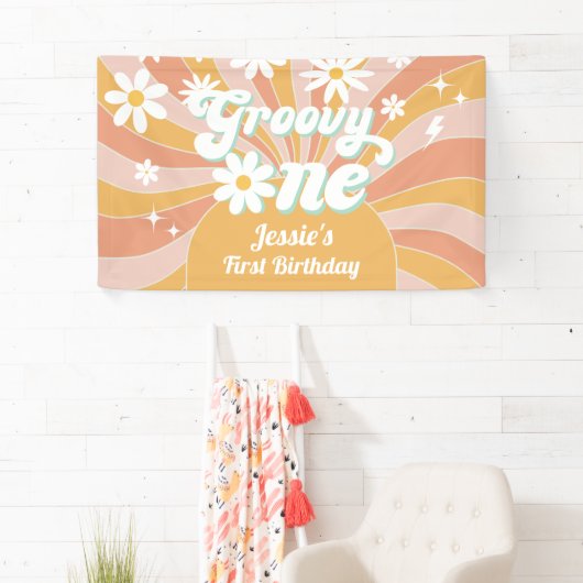Groovy One Boho Retro Daisy Sunshine 1e Verjaardag Spandoek (Insitu)