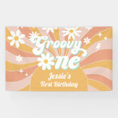 Groovy One Boho Retro Daisy Sunshine 1e Verjaardag Spandoek (Horizontaal)