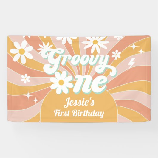 Groovy One Boho Retro Daisy Sunshine 1e Verjaardag Spandoek (Horizontaal)