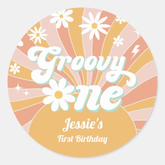 Groovy One Boho Retro Daisy Sunshine Floral Ronde Sticker (Voorkant)