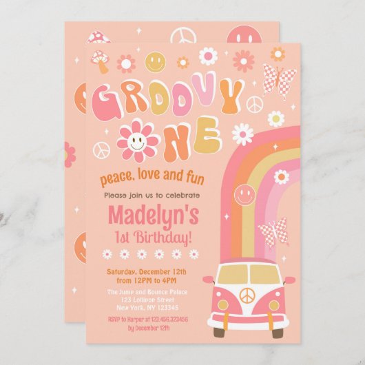 Groovy One Boho Retro First Birthday Kaart (Voorkant / Achterkant)
