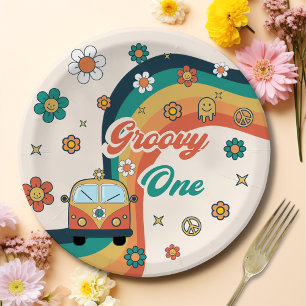 Groovy One Boho Retro Regenboog Verjaardagsfeest Papieren Bordje