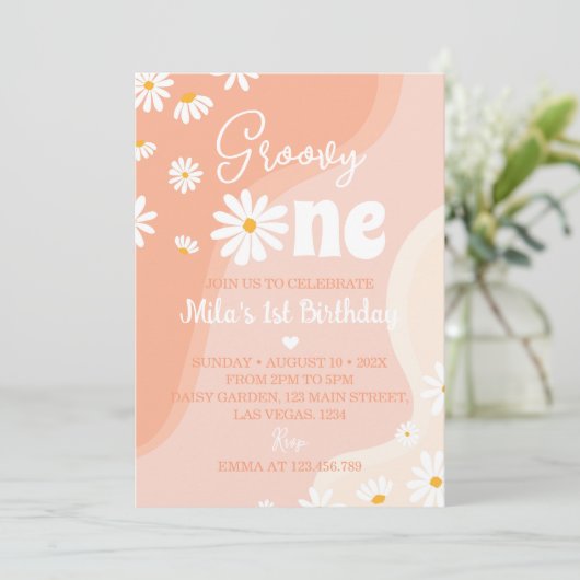Groovy One Daisy 1e verjaardag uitnodiging (Staand voorkant)