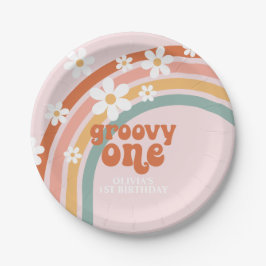 Groovy One daisy boho floral rainbow 1e verjaardag Papieren Bordje