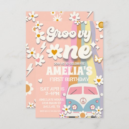 Groovy One Daisy First Birthday Invitation Kaart (Voorkant / Achterkant)