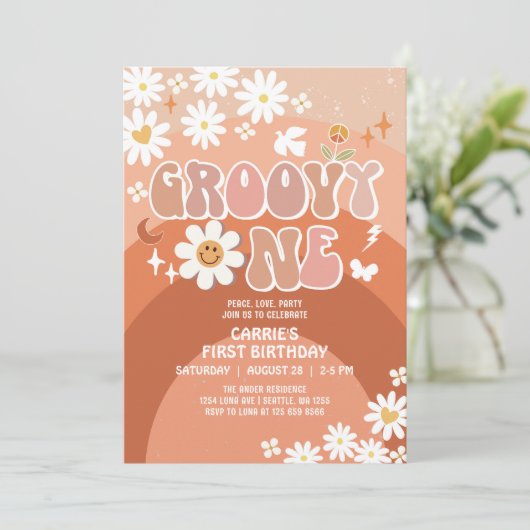 Groovy ONE Daisy Hippie 70's Retro 1e verjaardag Kaart (Staand voorkant)