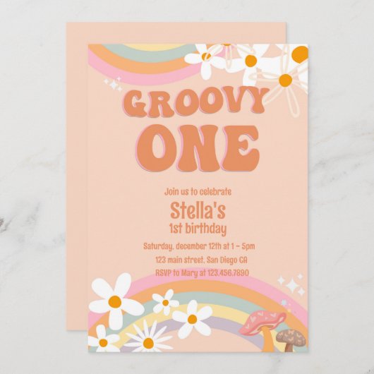 Groovy One Daisy Party Invitation (Voorkant / Achterkant)