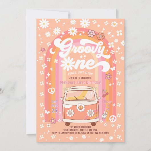 Groovy ONE Daisy Peach Rainbow 1e verjaardag Kaart (Voorkant)