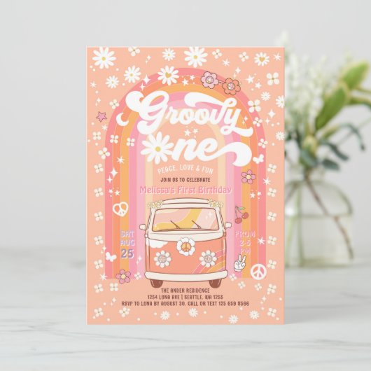 Groovy ONE Daisy Peach Rainbow 1e verjaardag Kaart (Staand voorkant)