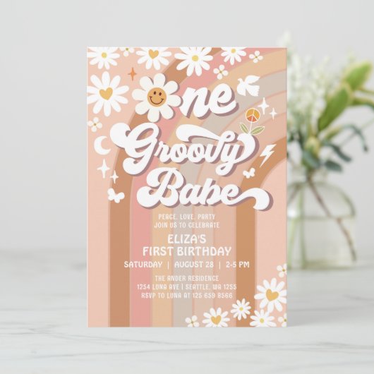 Groovy ONE Daisy Rainbow Beige 1e verjaardag Kaart (Staand voorkant)