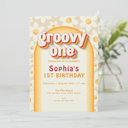Groovy One First Birthday Invitation | Boho Daisy Kaart (Staand voorkant)