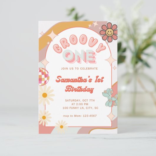 Groovy One First Birthday Party Uitnodiging (Staand voorkant)