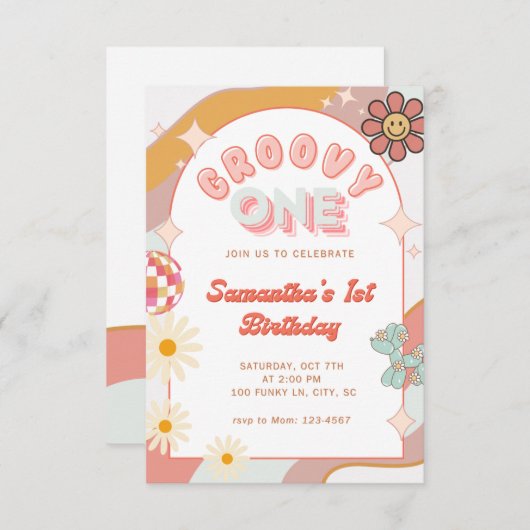 Groovy One First Birthday Party Uitnodiging (Voorkant / Achterkant)