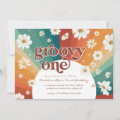 Groovy One First Birthday | Retro Daisy Rainbow Kaart (Voorkant)