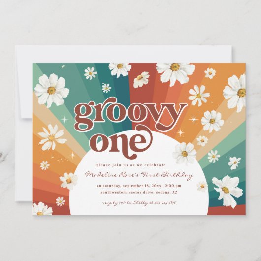 Groovy One First Birthday | Retro Daisy Rainbow Kaart (Voorkant)
