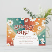 Groovy One First Birthday | Retro Daisy Rainbow Kaart (Staand voorkant)