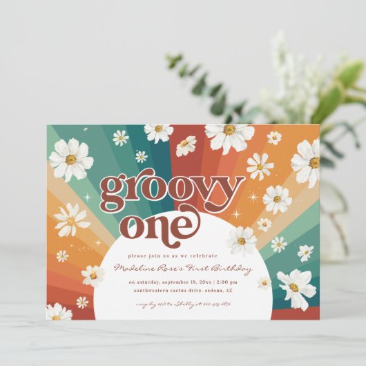 Groovy One First Birthday | Retro Daisy Rainbow Kaart (Staand voorkant)