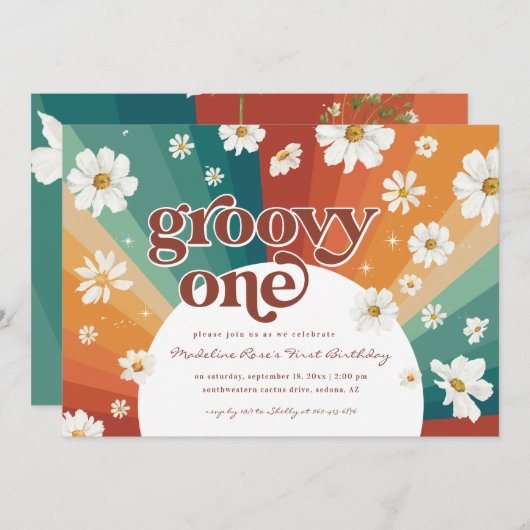 Groovy One First Birthday | Retro Daisy Rainbow Kaart (Voorkant / Achterkant)