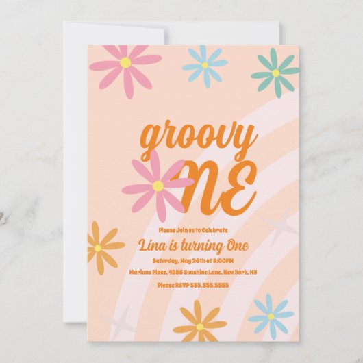 Groovy One Floral First Birthday Retro Party Kaart (Voorkant)