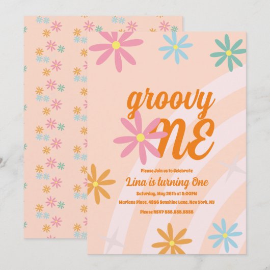 Groovy One Floral First Birthday Retro Party Kaart (Voorkant / Achterkant)