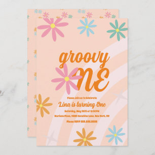 Groovy One Floral First Birthday Retro Party Kaart