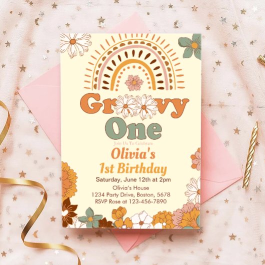 Groovy One Floral Rainbow 1e Verjaardag uitnodigin Kaart