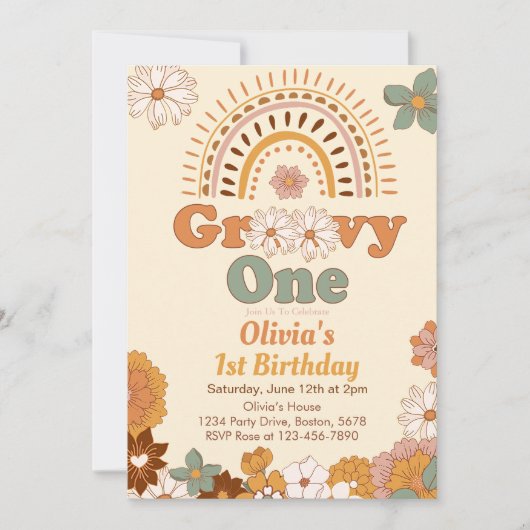 Groovy One Floral Rainbow 1e Verjaardag uitnodigin Kaart (Voorkant)